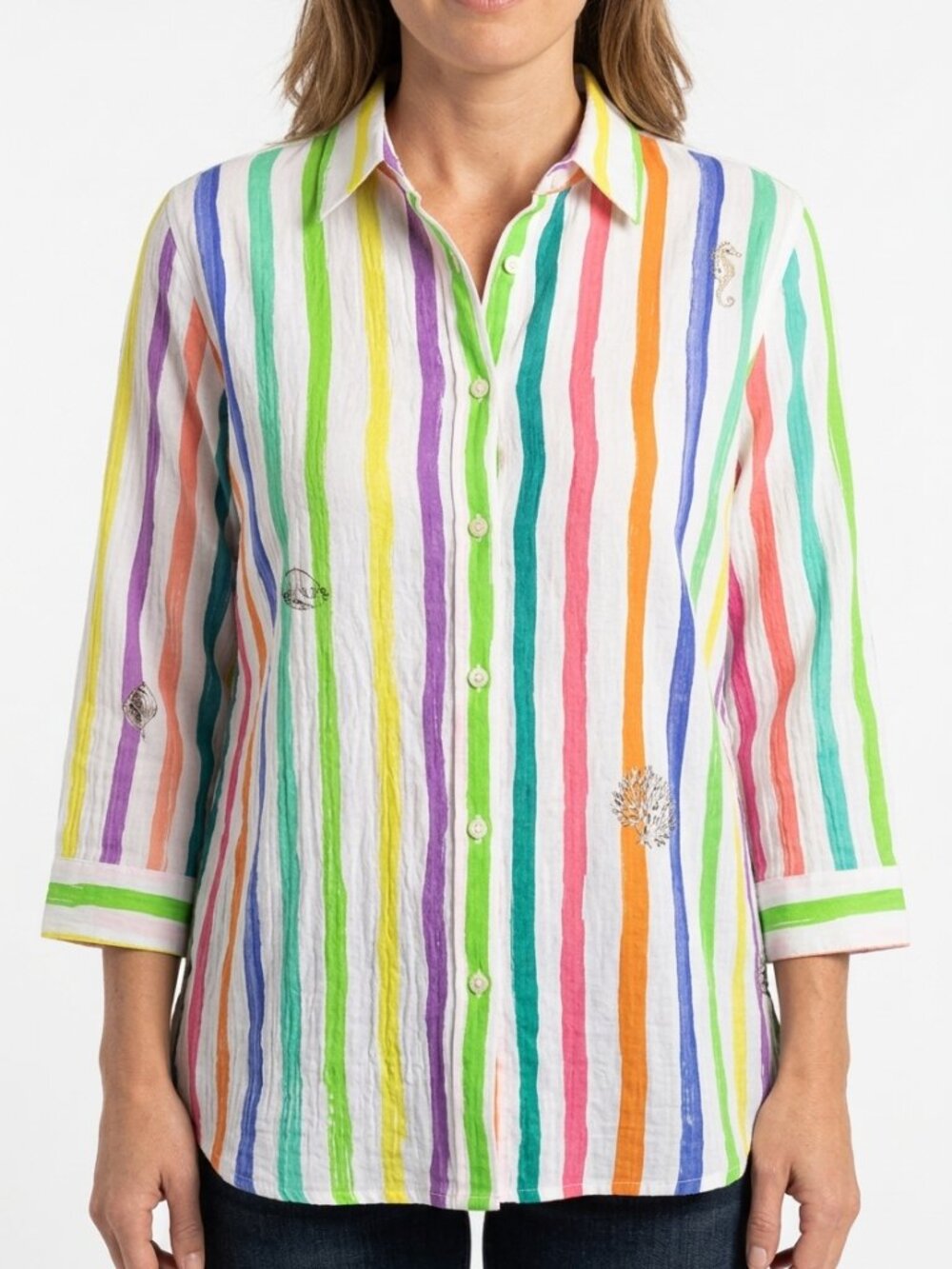 Vilagallo 100% Linen Multicolor Stripe Button Front Shirt with Sea Animal Accent